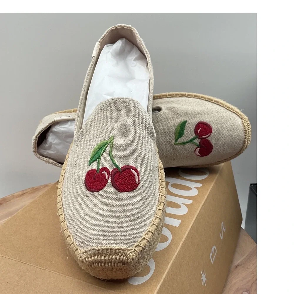 Soludos Cherry On Top Platform Espadrille Sand Linen Embroidered Shoes Womens 9